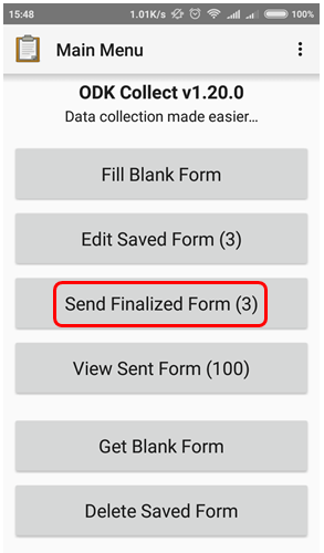 Send Finalized Form to upload a survey form to the server