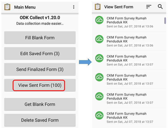View Sent Form and survey form that have been successfully uploaded to the server