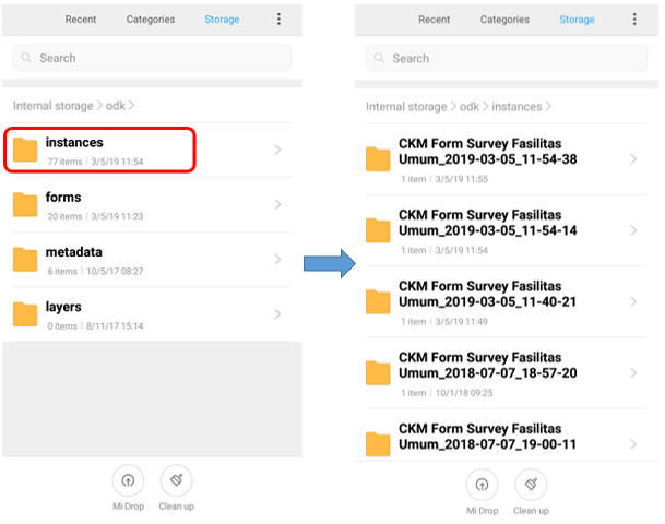 Instances folder in ODK folder and the survey result in instances folder