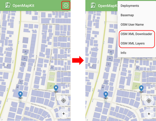 OSM XML Downloader menu and OSM XML Layers menu