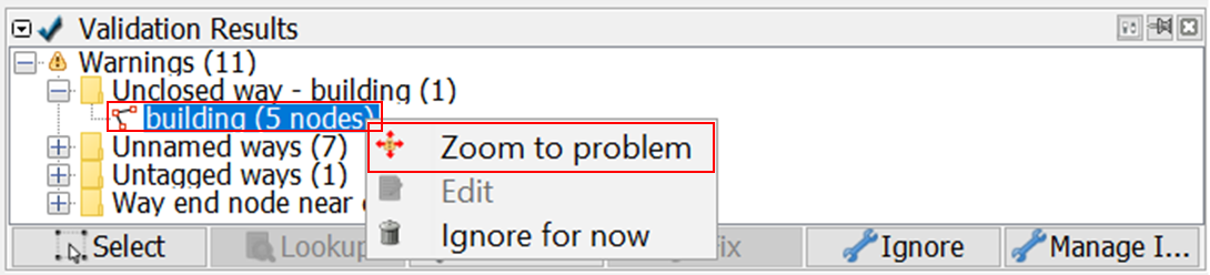 Zooming to Warning: Unclosed way - building